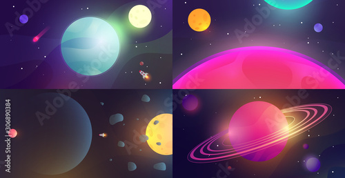 Colorful cartoon planets and deep space in flat style. Bright cute science astronomical composition. Fantasy sci-fi template for games or branding design. Vector illustration.
