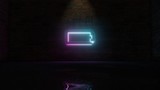 3D rendering of blue violet neon horizontal symbol of battery empty icon on brick wall