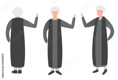 Cartoon muslim man in traditional clothes isolated on white background. Colorful character in different position. Front, rear, side view. Flat design style. Vector illustration.