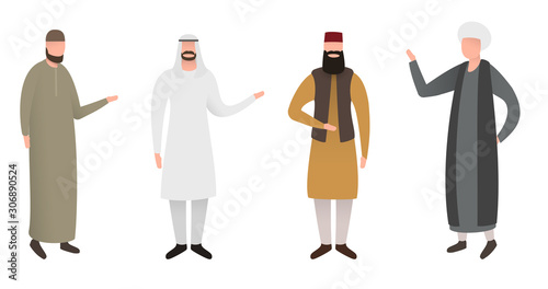 Cartoon muslim man in traditional clothes isolated on white background. Colorful character in different position. Front, rear, side view. Flat design style. Vector illustration.