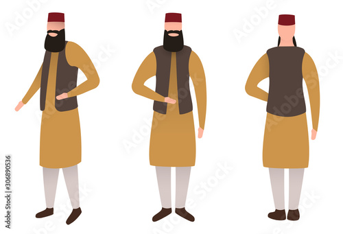 Cartoon muslim man in traditional clothes isolated on white background. Colorful character in different position. Front, rear, side view. Flat design style. Vector illustration.