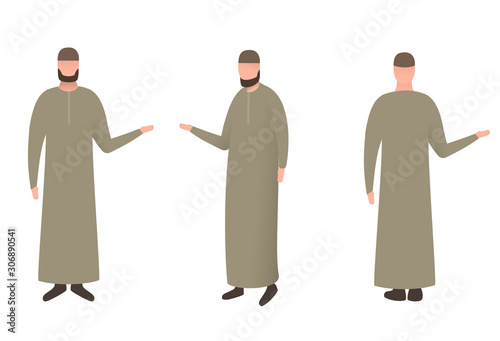 Cartoon muslim man in traditional clothes isolated on white background. Colorful character in different position. Front, rear, side view. Flat design style. Vector illustration.