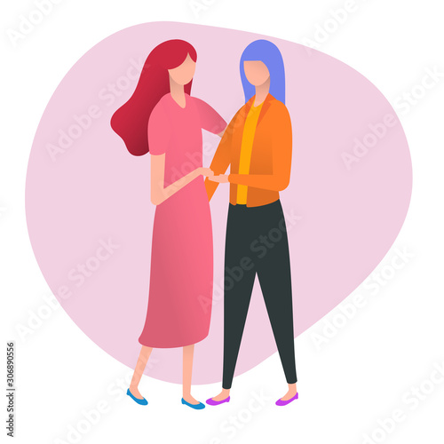 Two woman hugging. Lesbian couple isolated on white background. Nontraditional relationships between people. Lgbt concept vector illustration in cartoon flat style.