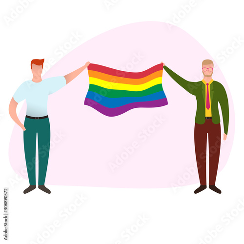 Two men holding flag. Gay couple isolated on white background. Nontraditional relationships between people. Lgbt concept vector illustration in cartoon flat style.