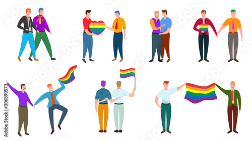 Set of two men in different situations. Gay couple isolated on white background. Nontraditional relationships between people. Lgbt concept vector illustration in cartoon flat style.