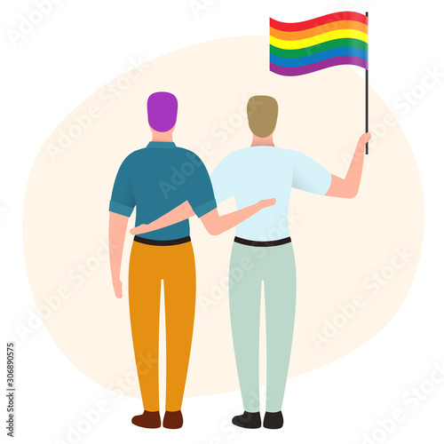 Two men hugging and holding flag. Back view. Gay couple isolated on white background. Nontraditional relationships between people. Lgbt concept vector illustration in cartoon flat style.