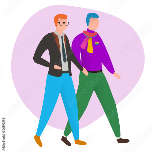 Two men are walking and holding hands. Gay couple isolated on white background. Nontraditional relationships between people. Lgbt concept vector illustration in cartoon flat style.