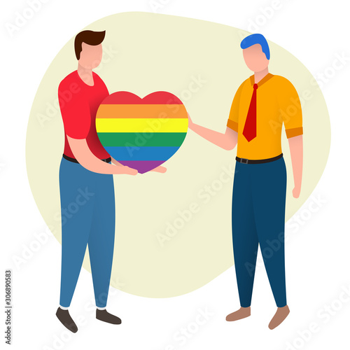 Man gives heart to another man. Gay couple isolated on white background. Nontraditional relationships between people. Lgbt concept vector illustration in cartoon flat style.