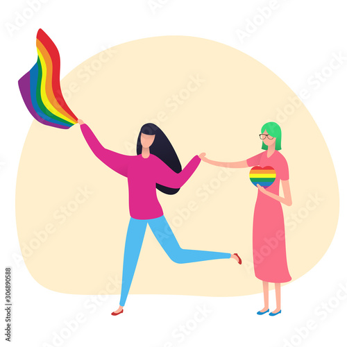 Two woman hold hands and jump with flag. Lesbian couple isolated on white background. Nontraditional relationships between people. Lgbt concept vector illustration in cartoon flat style.