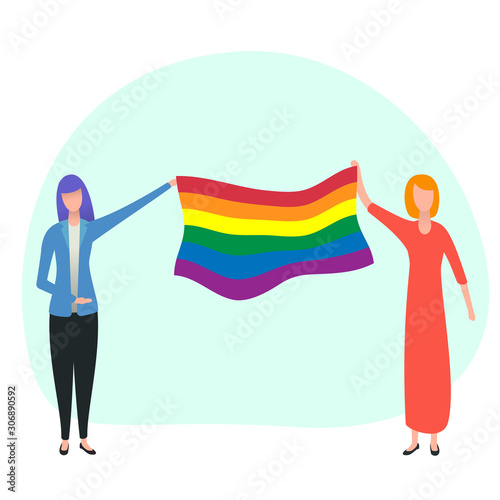Two woman holding flag. Lesbian couple isolated on white background. Nontraditional relationships between people. Lgbt concept vector illustration in cartoon flat style.