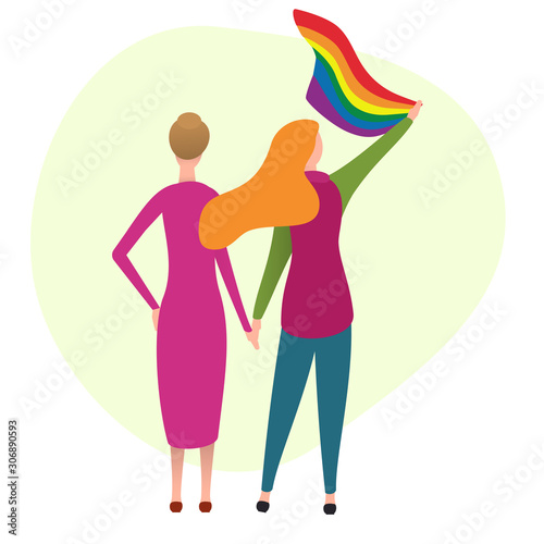 Two woman hugging and holding flag. Back view. Lesbian couple isolated on white background. Nontraditional relationships between people. Lgbt concept vector illustration in cartoon flat style.