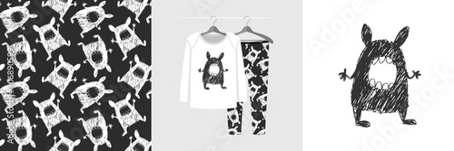 Seamless pattern and illustration for kid with funny toothy monster