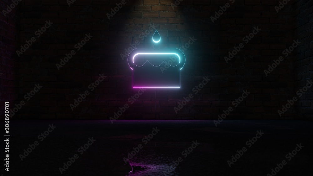 3D rendering of blue violet neon symbol of birthday cake icon on brick wall 3D rendering of blue violet neon symbol of birthday cake icon on brick wall