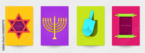 Set of religious background for covers, invitations, posters, banners, flyers, placards. Minimal template design for branding, advertising hanukkah holiday in paper cut style. Vector illustration.