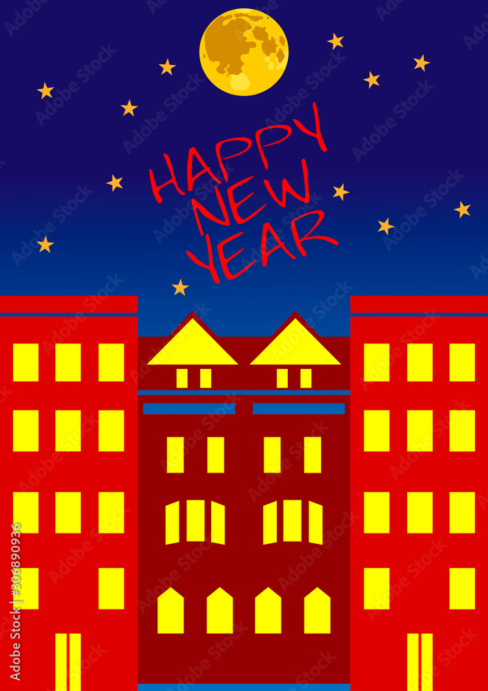 The inscription happy New year with the image of the house, the moon and the stars in the night background.