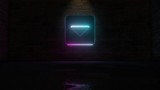 3D rendering of blue violet neon symbol of caret square down icon on brick wall