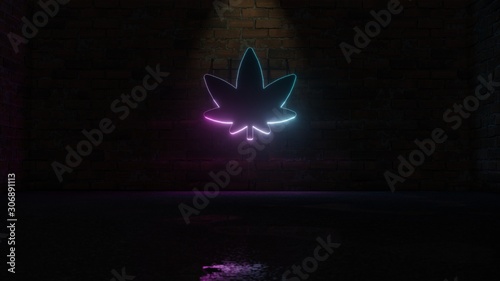 3D rendering of blue violet neon symbol of cannabis leaf icon on brick wall