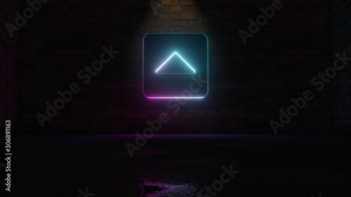 3D rendering of blue violet neon symbol of caret square up icon on brick wall