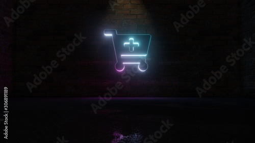3D rendering of blue violet neon symbol of cart plus icon on brick wall © Destrosvet