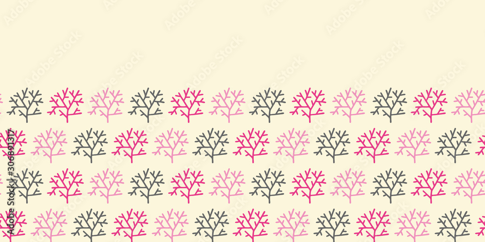 Vector nature seamless border in beige. Simple doodle tree bush hand drawn made into geometric repeat. Great for invitations, decor, packaging, ribbon, greeting cards, stationary. Vector nature seamless border in beige. Simple doodle tree bush hand drawn made into geometric repeat. Great for invitations, decor, packaging, ribbon, greeting cards, stationary.