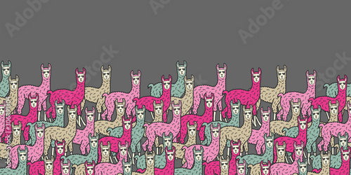 Vector llama seamless border in pink and grey. Simple doodle lama hand drawn made into dense repeat. Great for invitations, decor, packaging, ribbon, greeting cards, stationary.