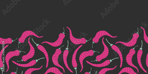Vector food seamless border in pink and grey. Simple doodle chili pepper hand drawn made into repeat. Great for invitations, decor, packaging, ribbon, greeting cards, stationary, menu.