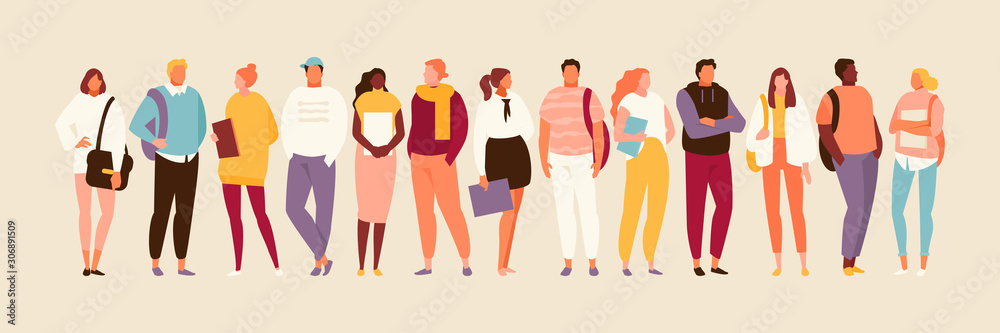 Multicultural group of students of different nationalities. Youth culture and style. Vector flat illustration - obrazy, fototapety, plakaty 
