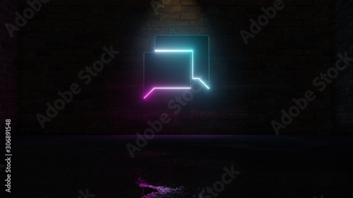 3D rendering of blue violet neon symbol of rectangular chat bubbles icon on brick wall