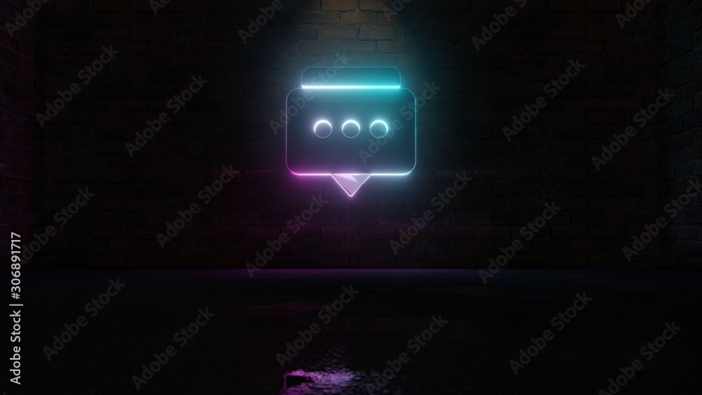 3D rendering of blue violet neon symbol of two rounded chat bubbles icon on brick wall