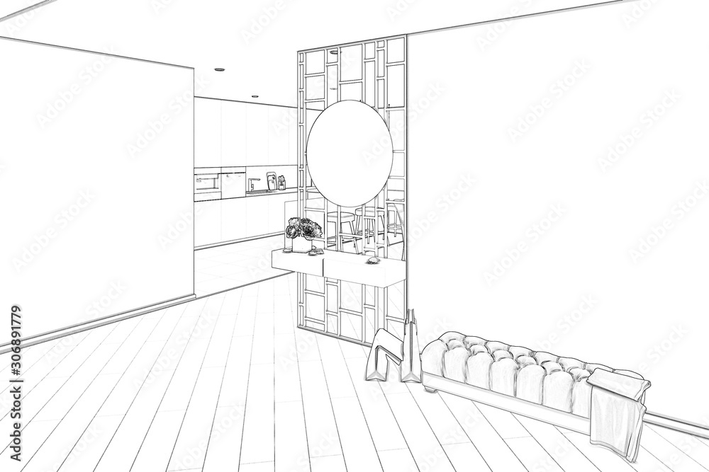 Sketch of the modern entrance hall with a view of the kitchen. 3d render