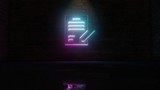 3D rendering of blue violet neon symbol of contract icon on brick wall