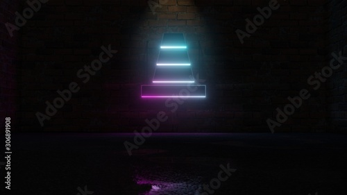 3D rendering of blue violet neon symbol of cone icon on brick wall