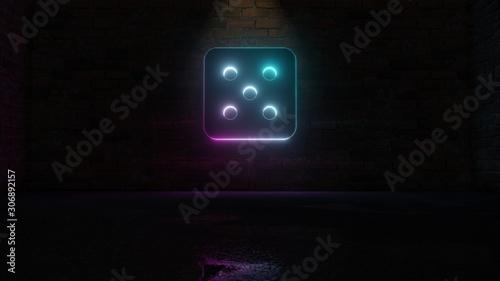 3D rendering of blue violet neon symbol of dice five icon on brick wall
