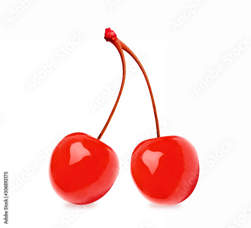 Canvas Print Twin or double maraschino cherries with stems isolated on white background