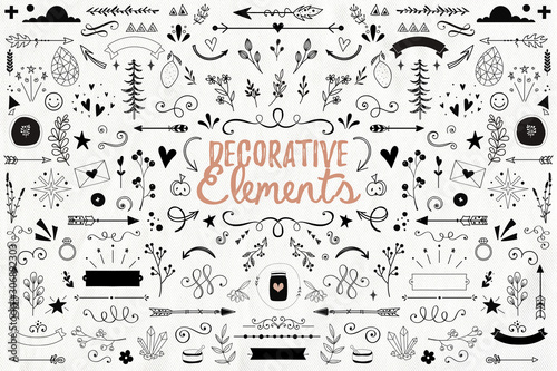 Big collection of decorative elements: banners, arrows, leaves, flowers, flourishes