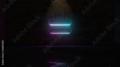 3D rendering of blue violet neon symbol of equal  icon on brick wall photo