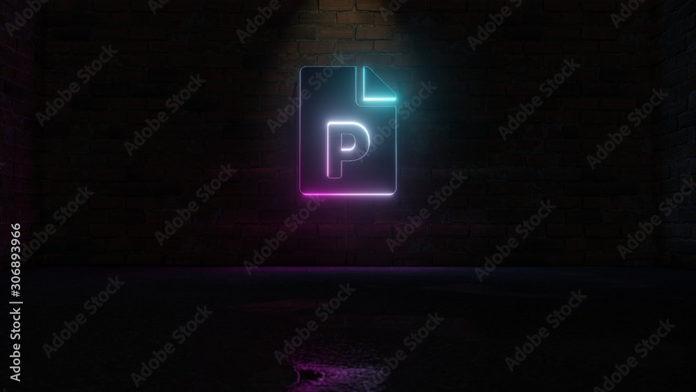 3D rendering of blue violet neon symbol of file PowerPoint icon on brick wall