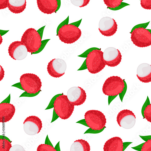 Seamless pattern with lychee fruits and leaves.