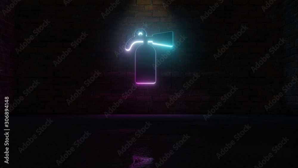 Obraz premium 3D rendering of blue violet neon symbol of fire extinguisher icon on brick wall