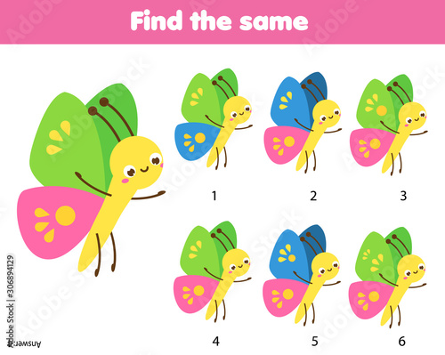 children educational game. Find the same pictures. spot identical butterflies. fun for kids and toddlers