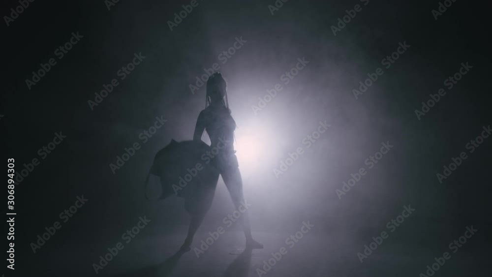 Silhouette dancer woman performing dance figures in fog. 4K Slow motion footage. Silhouette dancer woman performing dance figures in fog. 4K Slow motion footage.