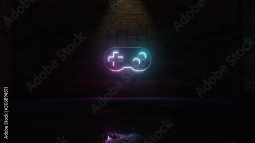 3D rendering of blue violet neon symbol of gamepad icon on brick wall