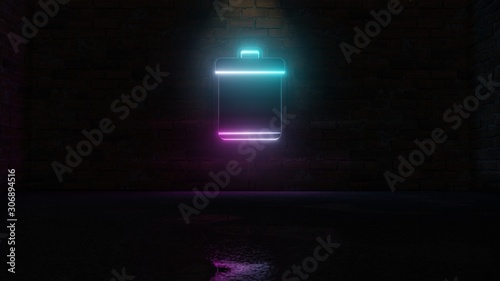 3D rendering of blue violet neon symbol of garbage icon on brick wall