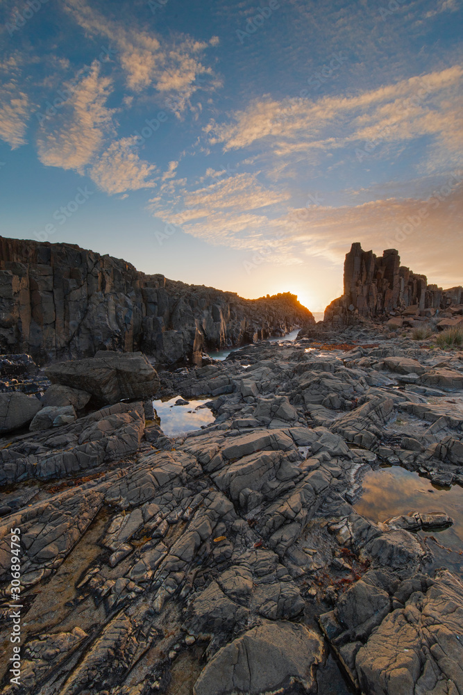 Morning sunlight at the rock terrain. Bombo Quarry, NSW, Australia.