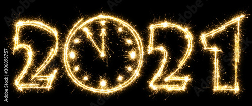 New Year 2021 with clock made by sparkler . Number 2021 and sign written sparkling sparklers . Isolated on a black background . Overlay template for holiday greeting card . photo