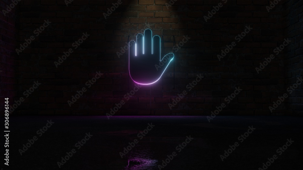 Obraz premium 3D rendering of blue violet neon symbol of hold icon on brick wall