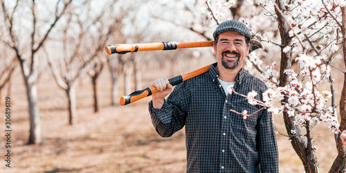 Portrait of a smiling man standing in blooming orchard with pruning shears. © bnenin