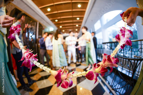 Barring the Groom from Approaching the Bride to the marriage culture in Thailand. soft and blur style for background.,Thai wedding ceremony