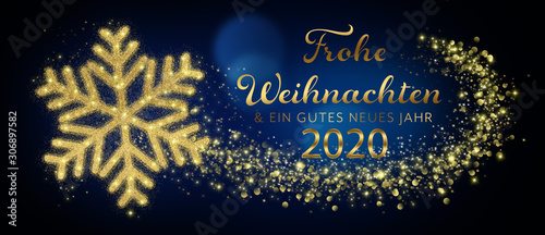 German Merry Christmas And Happy New Year 2020 Card With Golden Snowflake In Abstract Blue Night