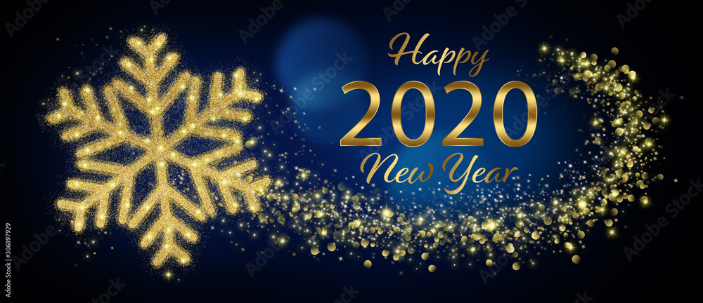 Happy 2020 New Year Greeting Card With Golden Snowflake In Abstract Blue Night